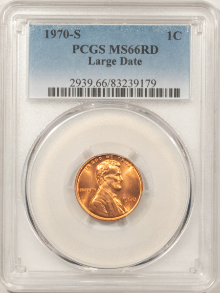 Lincoln Cents (Memorial) 1970-S LINCOLN CENT, LARGE DATE – PCGS MS-66 RD