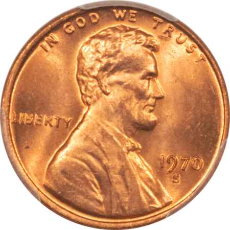 Lincoln Cents (Memorial) 1970-S LINCOLN CENT, LARGE DATE – PCGS MS-66 RD