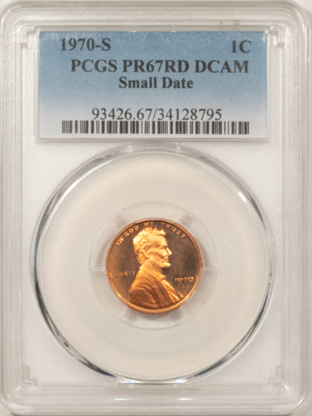 Lincoln Cents (Memorial) 1970-S PROOF LINCOLN CENT, SMALL DATE – PCGS PR-67 RD DCAM, TOUGH DEEP CAMEO