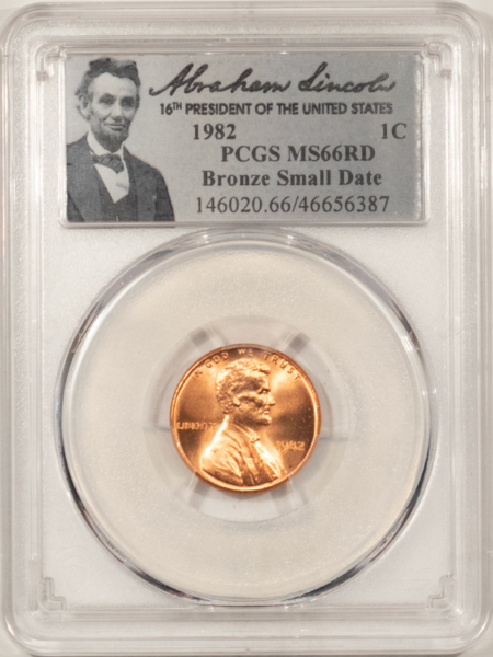 Lincoln Cents (Memorial) 1982 SMALL DATE BRONZE LINCOLN CENT – PCGS MS-66 RD