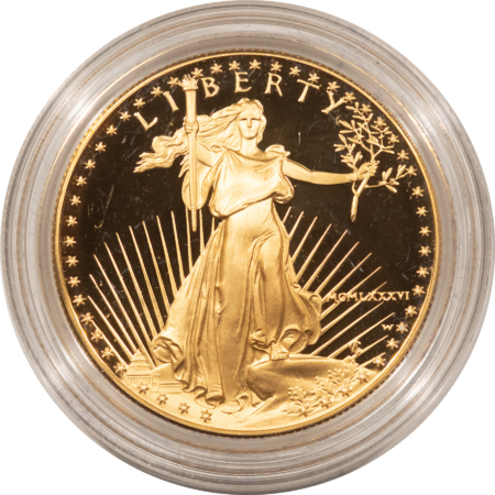 American Gold Eagles, Buffaloes, & Liberty Series 1986-W 1 OZ $50 PROOF AMERICAN GOLD EAGLE, GEM PROOF W/ ORIG BOX & COA, 1ST YEAR