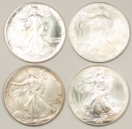American Silver Eagles 1987 1990 1998 2003 1 OZ .999 AMERICAN SILVER EAGLES LOT OF 4 UNC IMPAIRED/SPOTS