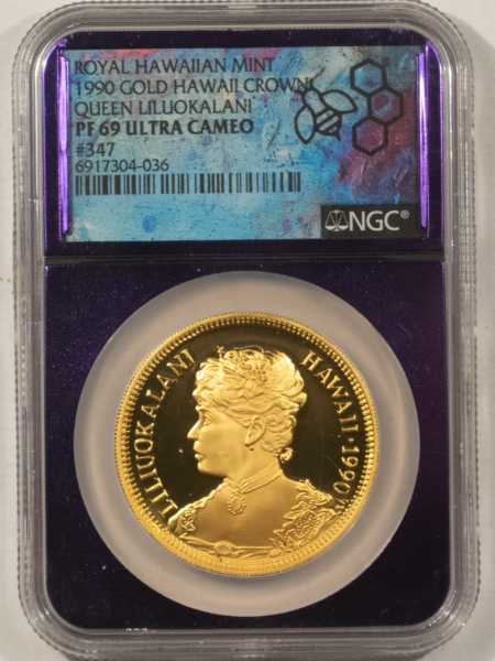 Bullion 1990 1 OZ .9999 GOLD PROOF HAWAII CROWN QUEEN LILUOKALANI NGC PF-69 UCAM #347