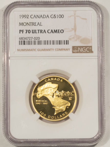 New Certified Coins 1992 PROOF CANADA GOLD $100 MONTREAL 350TH ANNIVERSARY .25 OZ AGW NGC PF-70 UCAM