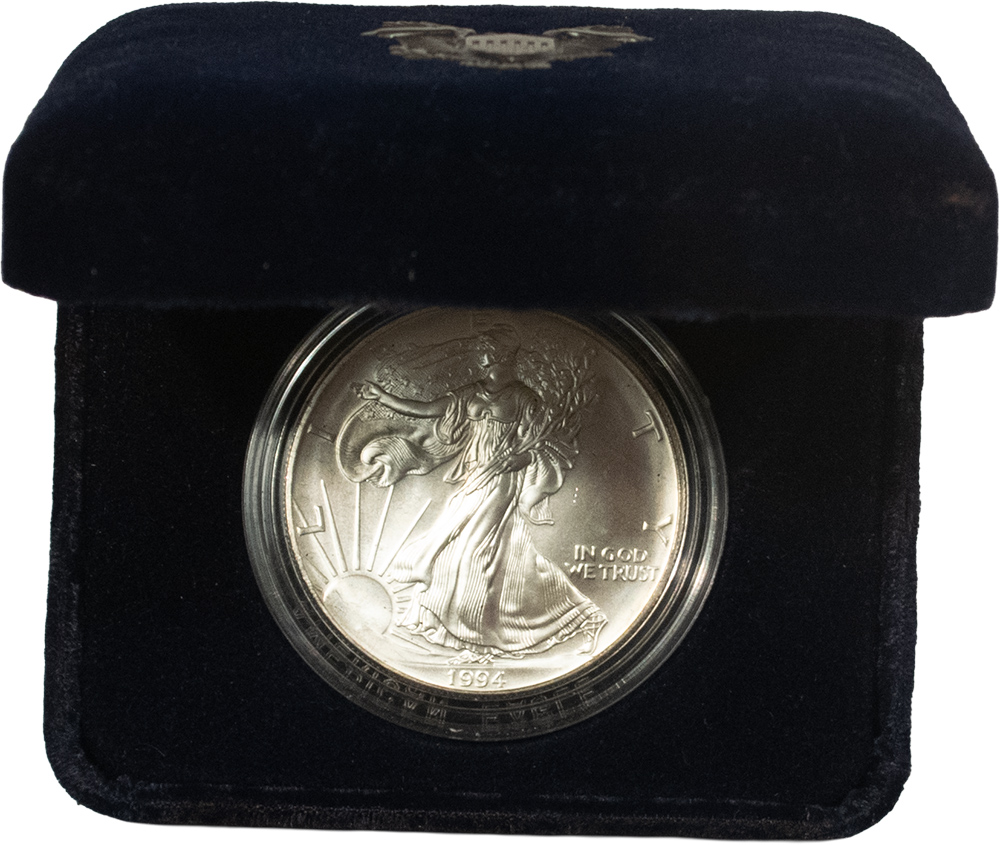 American Silver Eagles 1994 $1 1 OZ AMERICAN SILVER EAGLE .999 SILVER GEM BRILLIANT UNC IN US MINT BOX! American Silver Eagles 1994 $1 1 OZ AMERICAN SILVER EAGLE .999 SILVER GEM BRILLIANT UNC IN US MINT BOX!