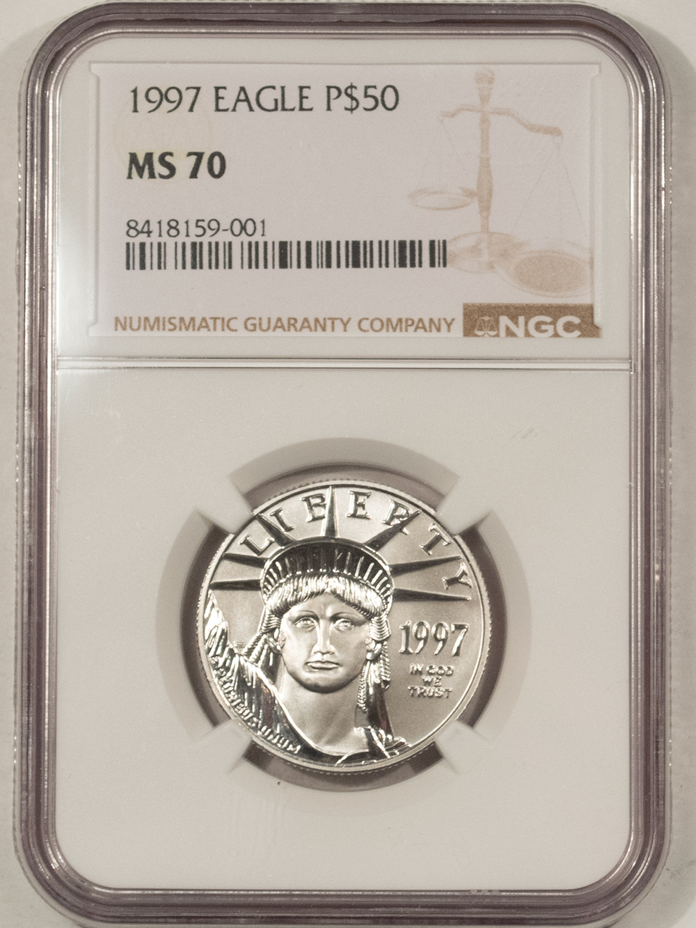 American Platinum Eagles 1997 $50 1/2 OZ AMERICAN PLATINUM EAGLE NGC MS-70 PERFECT FIRST-YEAR COIN, TOUGH American Platinum Eagles 1997 $50 1/2 OZ AMERICAN PLATINUM EAGLE NGC MS-70 PERFECT FIRST-YEAR COIN, TOUGH