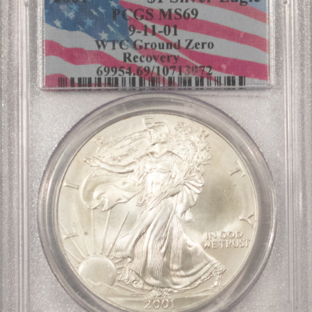 American Silver Eagles 2001 1 OZ AMERICAN SILVER EAGLE .999, PCGS MS69 9-11-01 WTC GROUND ZERO RECOVERY