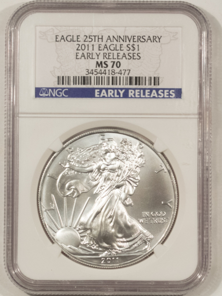 American Silver Eagles 2011 $1 AMERICAN SILVER EAGLE, 1 OZ .999 – NGC MS-70, EARLY RELEASES! 25TH ANNIV