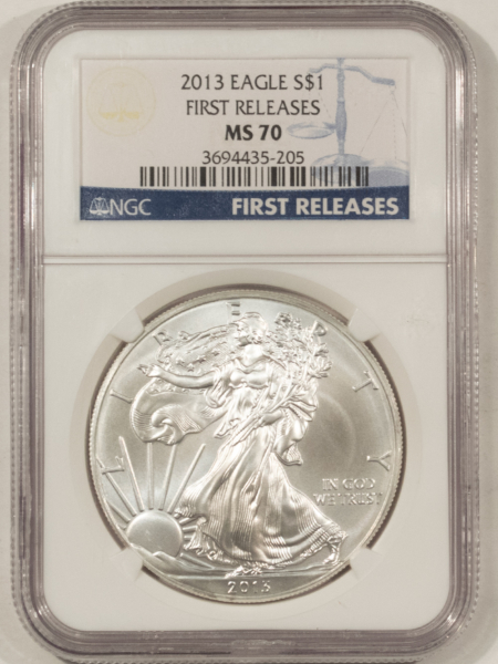 American Silver Eagles 2013 $1 AMERICAN SILVER EAGLE, 1 OZ .999 – NGC MS-70, FIRST RELEASES!