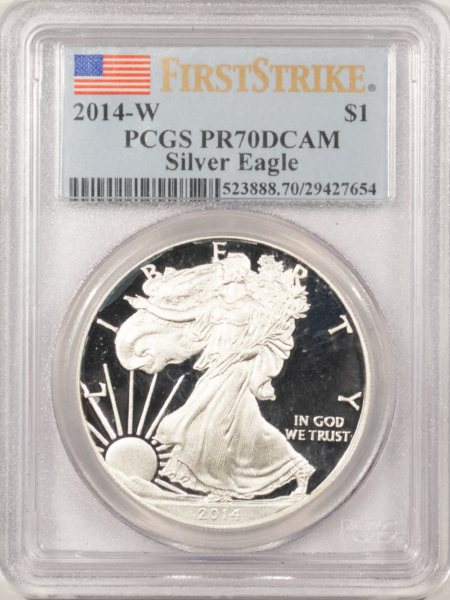 American Silver Eagles 2014-W $1 PROOF AMERICAN SILVER EAGLE, 1 OZ – PCGS PR-70 DCAM, FIRST STRIKE!