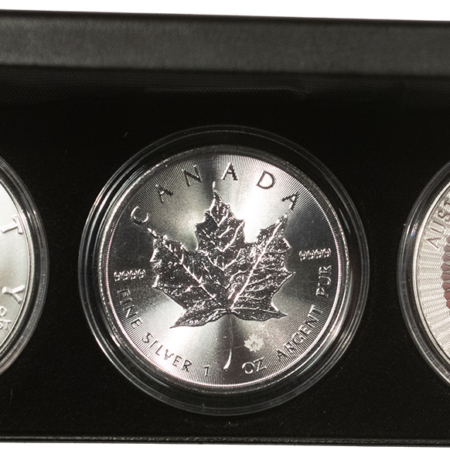 American Silver Eagles 2016 1 OZ SILVER BULLION 3 COIN SET AMERICAN EAGLE, MAPLE LEAF & KANGAROO W/ BOX