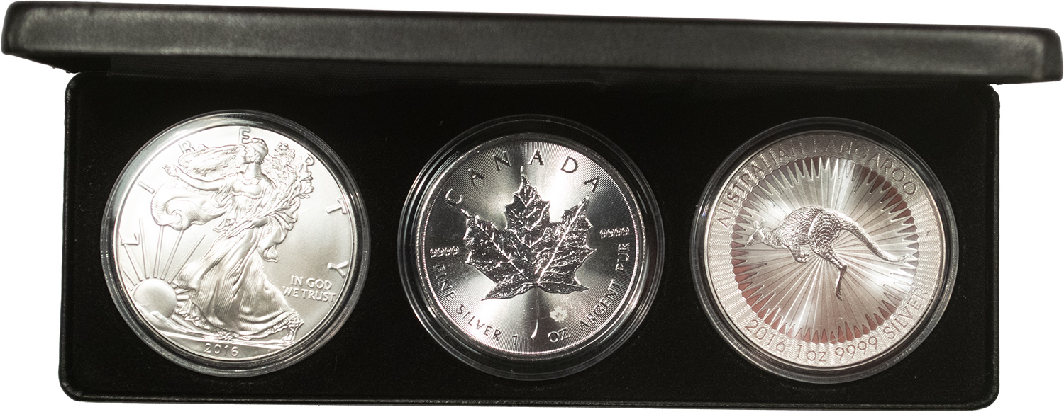 American Silver Eagles 2016 1 OZ SILVER BULLION 3 COIN SET AMERICAN EAGLE, MAPLE LEAF & KANGAROO W/ BOX American Silver Eagles 2016 1 OZ SILVER BULLION 3 COIN SET AMERICAN EAGLE, MAPLE LEAF & KANGAROO W/ BOX