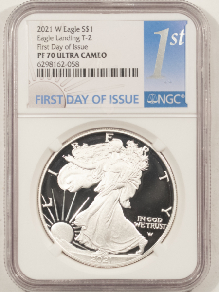 American Silver Eagles 2021-W 1 OZ PROOF AMERICAN SILVER EAGLE – NGC PF-70 UCAM T-2, FIRST DAY OF ISSUE