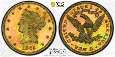 $10 1865 $10 GOLD LIBERTY COPPER PATTERN EAGLE J-450 PCGS PR-65 BN RARE TRANSITIONAL