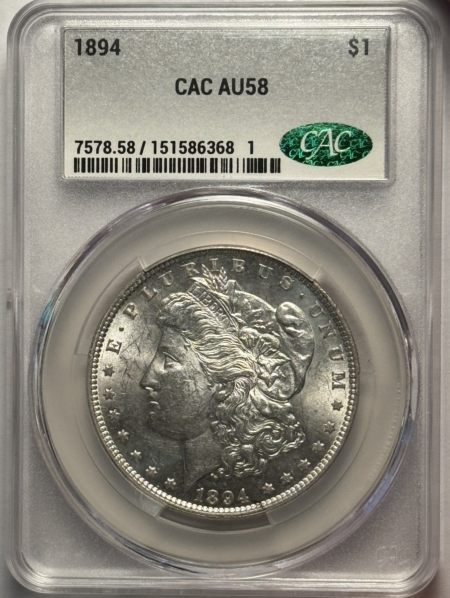 CAC Approved Coins 1894 MORGAN DOLLAR, CACGS AU-58, SLIDER UNC, SEMI-KEY DATE & 2ND LOWEST MINTAGE!