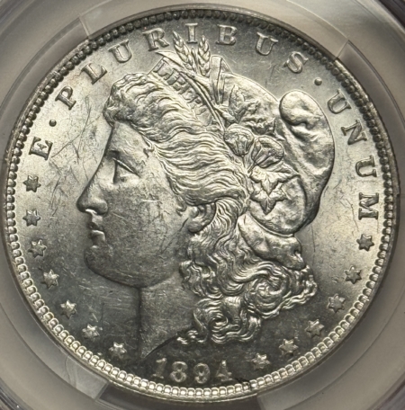 CAC Approved Coins 1894 MORGAN DOLLAR, CACGS AU-58, SLIDER UNC, SEMI-KEY DATE & 2ND LOWEST MINTAGE!
