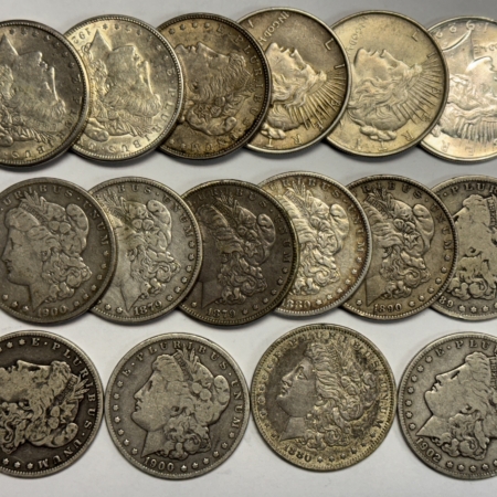Dollars 1879-1922 16 COIN MORGAN & PEACE DOLLAR LOT, NICE CIRCULATED, GOOD DATE MIX