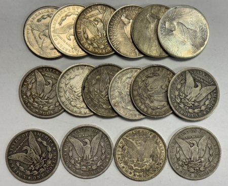 Dollars 1879-1922 16 COIN MORGAN & PEACE DOLLAR LOT, NICE CIRCULATED, GOOD DATE MIX