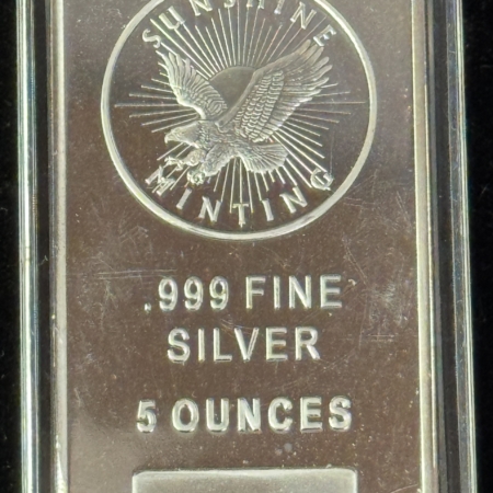 Bullion 5 OZ .999 FINE SILVER BAR, SUNSHINE MINTING, EAGLE, NEW, IN HARD PLASTIC CASE