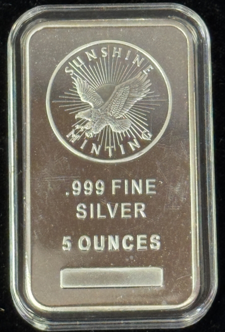 Bullion 5 OZ .999 FINE SILVER BAR, SUNSHINE MINTING, EAGLE, NEW, IN HARD PLASTIC CASE