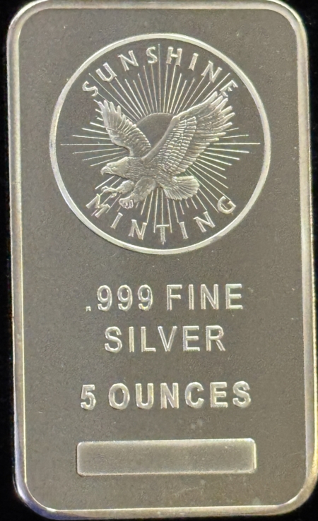 Bullion 5 OZ .999 FINE SILVER BAR, SUNSHINE MINTING, EAGLE, NEW, IN HARD PLASTIC CASE