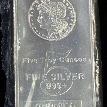 Bullion 5 OZ .999+ FINE SILVER BAR, MORGAN DOLLAR HEAD DESIGN, NEW, SEALED IN PLASTIC