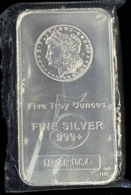 Bullion 5 OZ .999+ FINE SILVER BAR, MORGAN DOLLAR HEAD DESIGN, NEW, SEALED IN PLASTIC