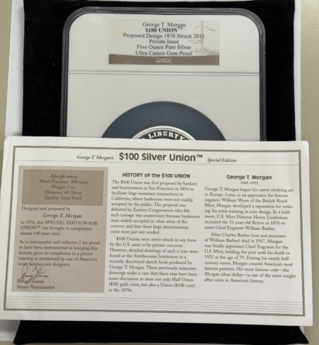 Bullion GEORGE T MORGAN $100 UNION 5OZ .999 FINE SILVER PRIVATE ISSUE NGC GEM PROOF UCAM