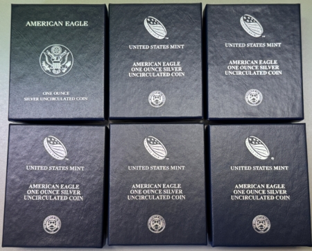 American Silver Eagles 2011-W-2016-W 1 OZ BURNISHED $1 AMERICAN SILVER EAGLES, 6 COIN LOT, W/ BOX & COA