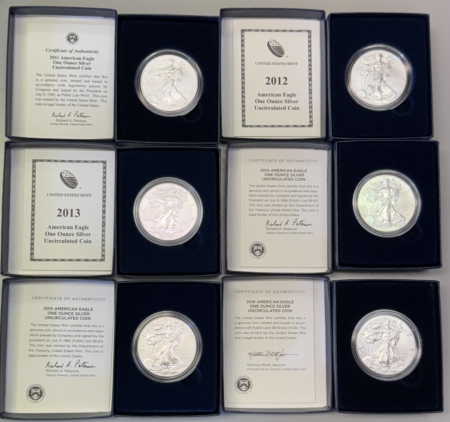American Silver Eagles 2011-W-2016-W 1 OZ BURNISHED $1 AMERICAN SILVER EAGLES, 6 COIN LOT, W/ BOX & COA