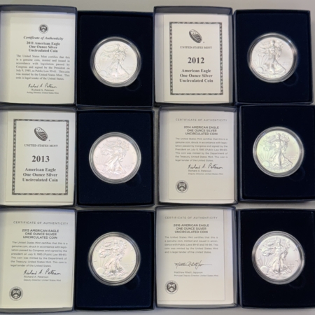 American Silver Eagles 2011-W-2016-W 1 OZ BURNISHED $1 AMERICAN SILVER EAGLES, 6 COIN LOT, W/ BOX & COA