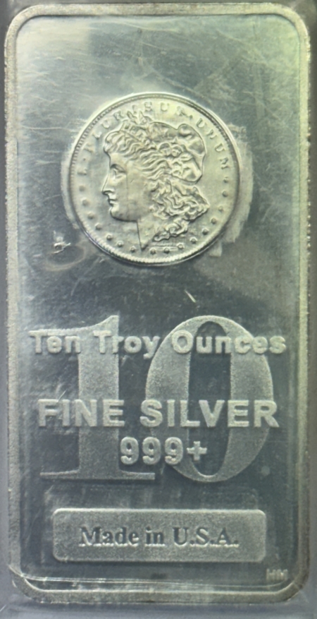 Bullion 10 OZ .999+ FINE SILVER BAR, MORGAN DOLLAR HEAD DESIGN, NEW, SEALED IN PLASTIC