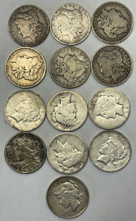 Dollars 1888-1923 13 COIN MORGAN & PEACE DOLLAR LOT, LOW GRADE CIRCULATED, GOOD DATE MIX