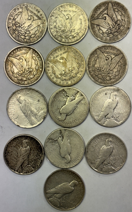 Dollars 1888-1923 13 COIN MORGAN & PEACE DOLLAR LOT, LOW GRADE CIRCULATED, GOOD DATE MIX