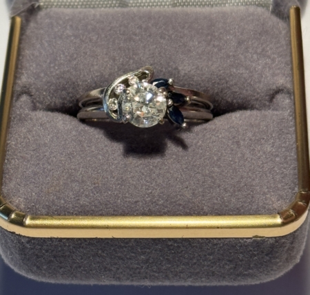 Jewelry 14KT WHITE GOLD, DIAMOND & SAPPHIRE ENGAGEMENT BAND, 4.3GRAMS .73CT CENTER STONE