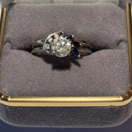 Jewelry 14KT WHITE GOLD, DIAMOND & SAPPHIRE ENGAGEMENT BAND, 4.3GRAMS .73CT CENTER STONE