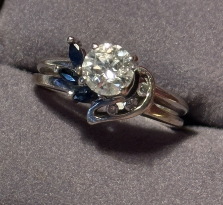 Jewelry 14KT WHITE GOLD, DIAMOND & SAPPHIRE ENGAGEMENT BAND, 4.3GRAMS .73CT CENTER STONE