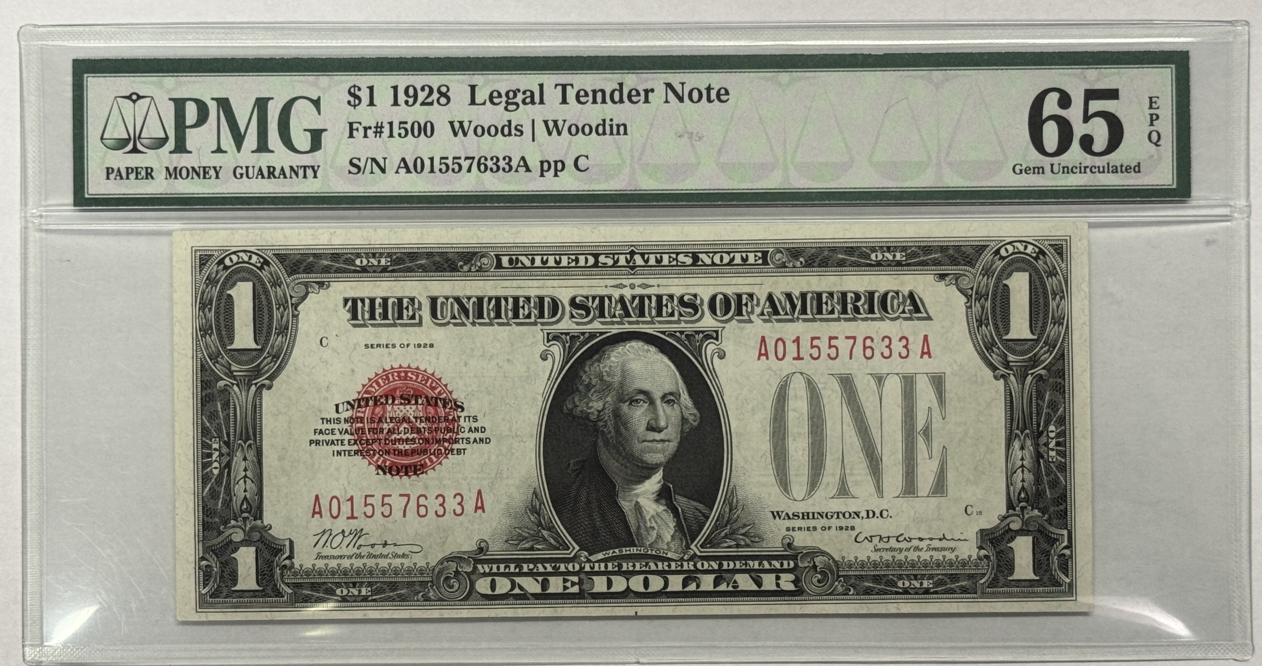 New Store Items 1928 $1 LEGAL TENDER RED SEAL U.S. NOTE FR#1500 PMG GEM UNCIRCULATED 65 EPQ, WOW New Store Items 1928 $1 LEGAL TENDER RED SEAL U.S. NOTE FR#1500 PMG GEM UNCIRCULATED 65 EPQ, WOW