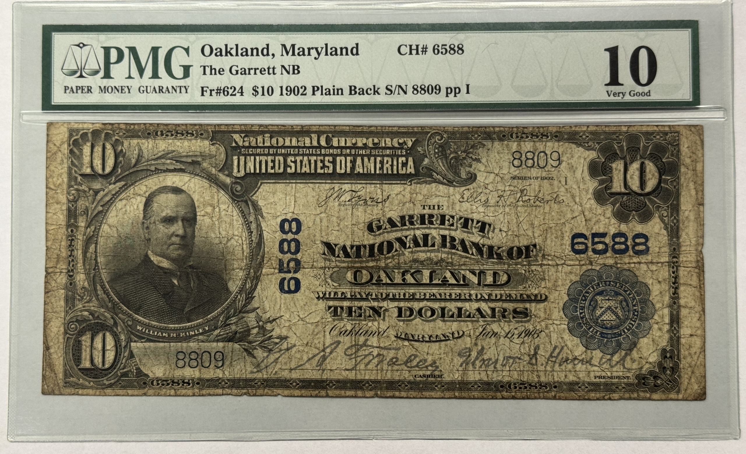 Large National Currency 1902 $10 PLAIN BACK GARRETT NB OF OAKLAND MD, NATIONAL CURRENCY FR#624 PMG VG-10 Large National Currency 1902 $10 PLAIN BACK GARRETT NB OF OAKLAND MD, NATIONAL CURRENCY FR#624 PMG VG-10
