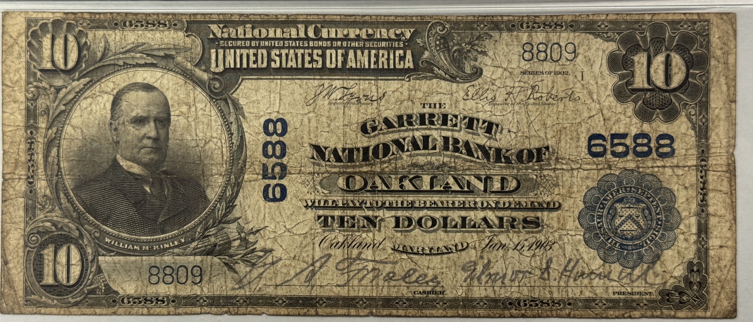 Large National Currency 1902 $10 PLAIN BACK GARRETT NB OF OAKLAND MD, NATIONAL CURRENCY FR#624 PMG VG-10 Large National Currency 1902 $10 PLAIN BACK GARRETT NB OF OAKLAND MD, NATIONAL CURRENCY FR#624 PMG VG-10