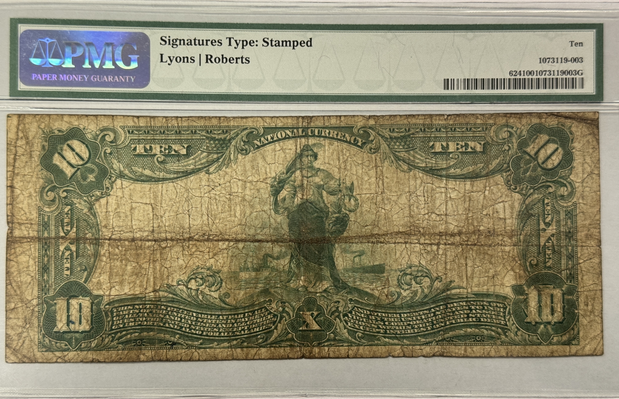 Large National Currency 1902 $10 PLAIN BACK GARRETT NB OF OAKLAND MD, NATIONAL CURRENCY FR#624 PMG VG-10 Large National Currency 1902 $10 PLAIN BACK GARRETT NB OF OAKLAND MD, NATIONAL CURRENCY FR#624 PMG VG-10