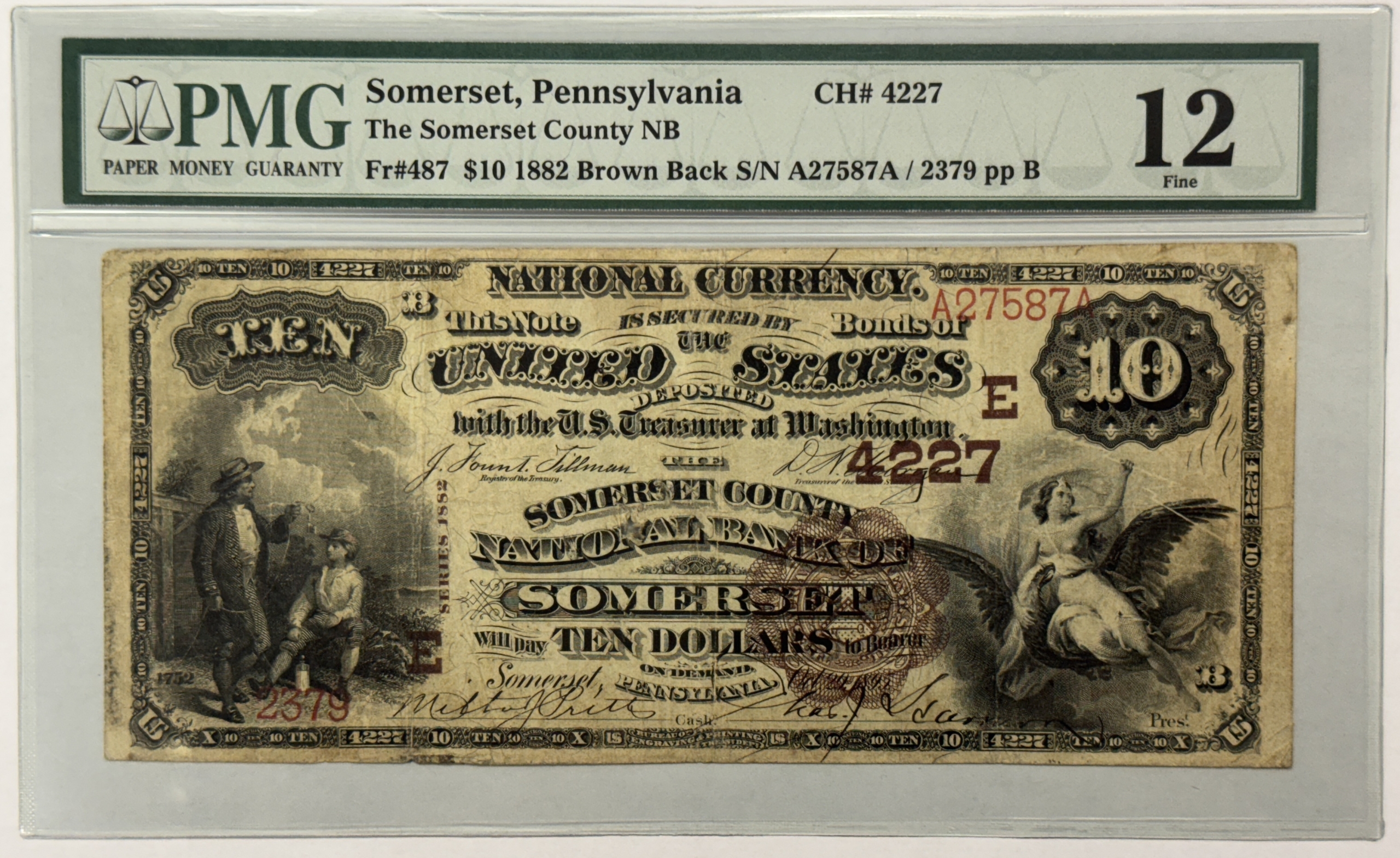 Large National Currency 1882 $10 BROWN BACK SOMERSET COUNTY NB SOMERSET PA, CH #4227 PMG F-12 DET, RARE! Large National Currency 1882 $10 BROWN BACK SOMERSET COUNTY NB SOMERSET PA, CH #4227 PMG F-12 DET, RARE!
