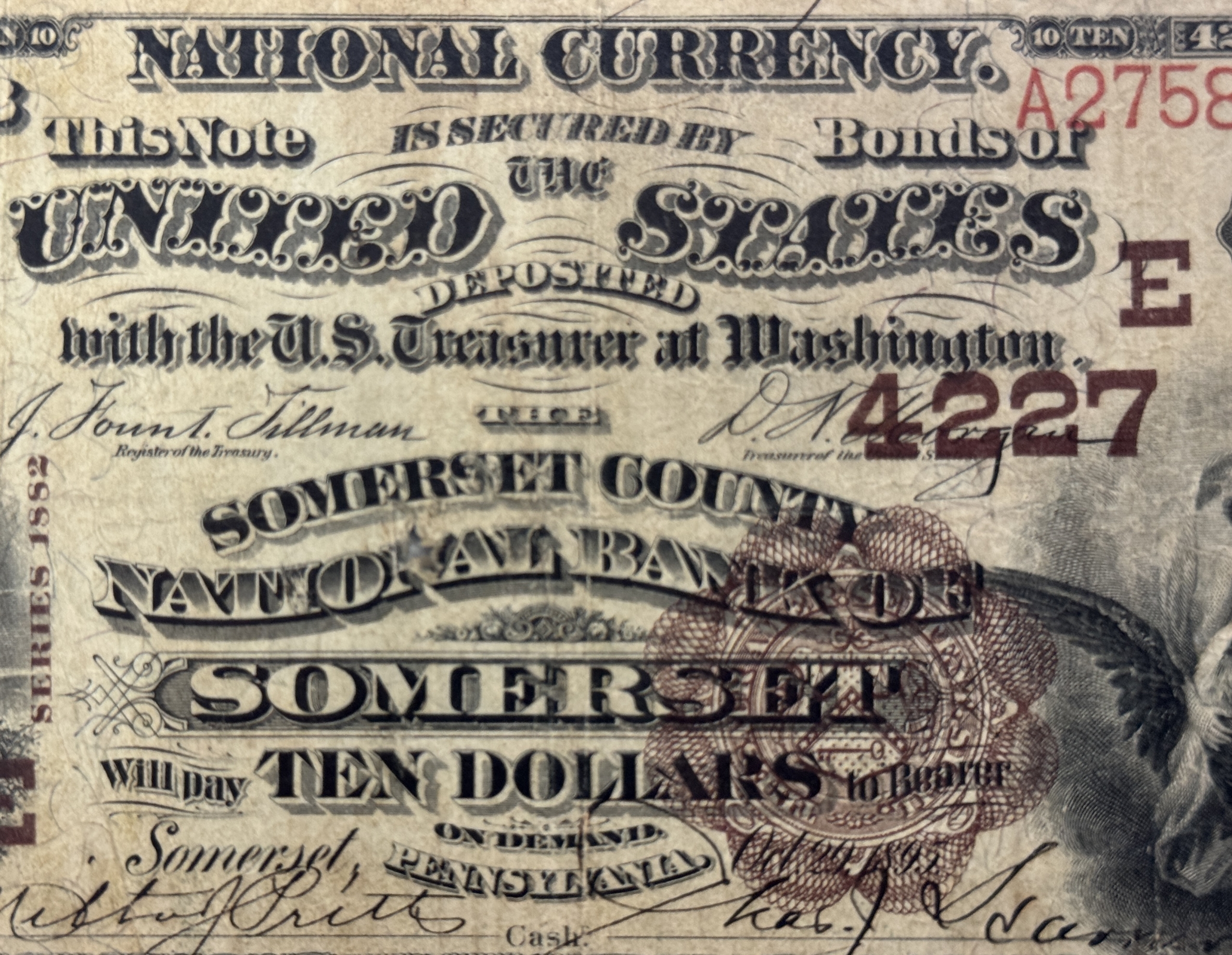 Large National Currency 1882 $10 BROWN BACK SOMERSET COUNTY NB SOMERSET PA, CH #4227 PMG F-12 DET, RARE! Large National Currency 1882 $10 BROWN BACK SOMERSET COUNTY NB SOMERSET PA, CH #4227 PMG F-12 DET, RARE!