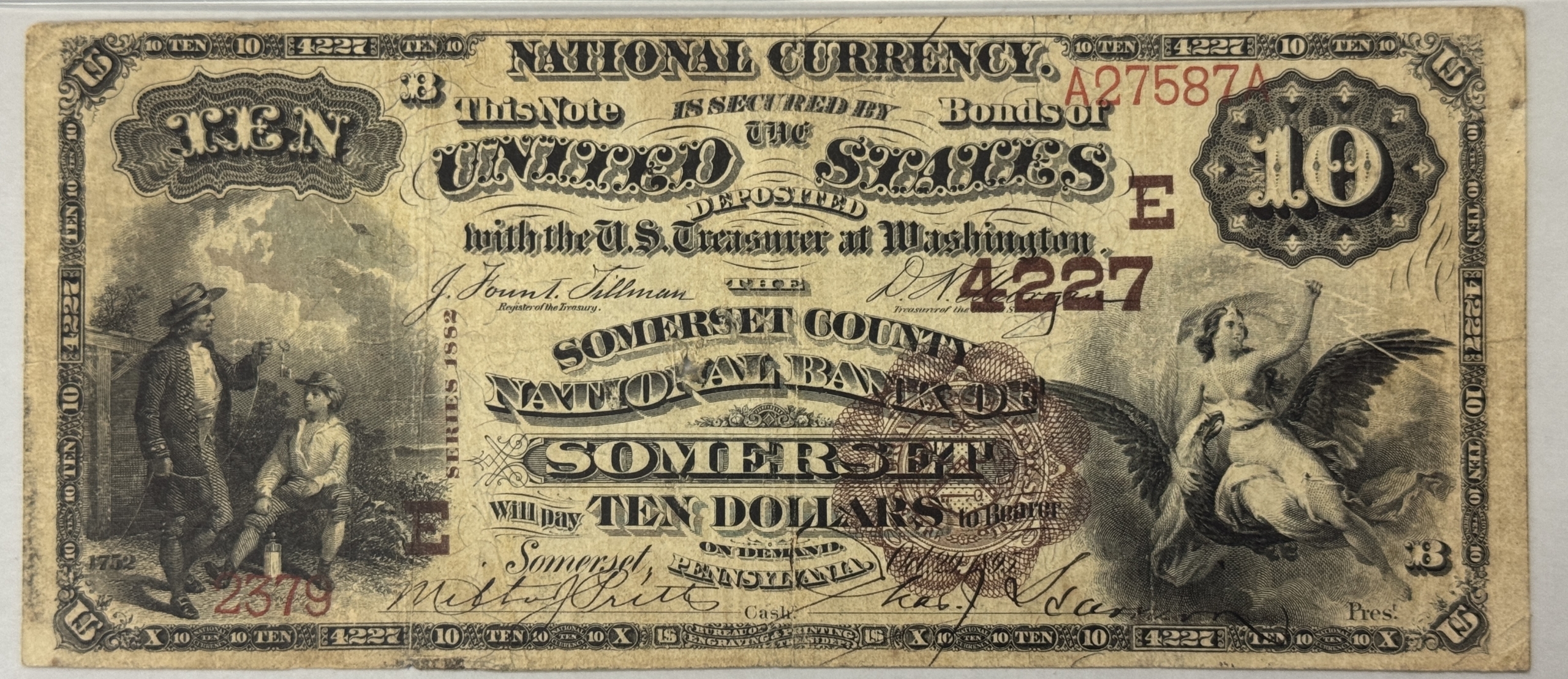 Large National Currency 1882 $10 BROWN BACK SOMERSET COUNTY NB SOMERSET PA, CH #4227 PMG F-12 DET, RARE! Large National Currency 1882 $10 BROWN BACK SOMERSET COUNTY NB SOMERSET PA, CH #4227 PMG F-12 DET, RARE!