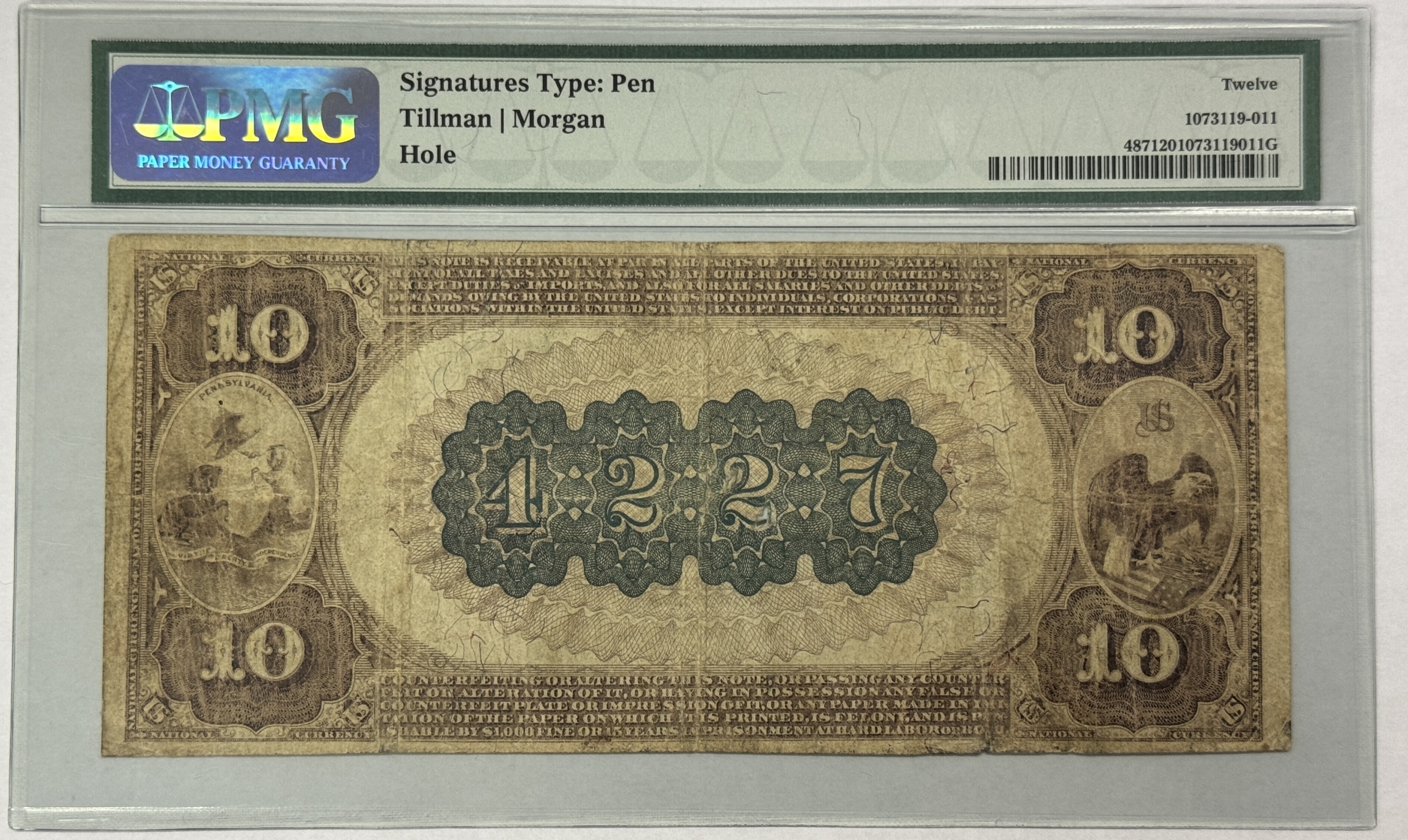 Large National Currency 1882 $10 BROWN BACK SOMERSET COUNTY NB SOMERSET PA, CH #4227 PMG F-12 DET, RARE! Large National Currency 1882 $10 BROWN BACK SOMERSET COUNTY NB SOMERSET PA, CH #4227 PMG F-12 DET, RARE!