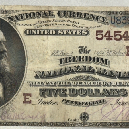 New Store Items 1882 $5 BROWN BACK FREEDOM NATIONAL BANK OF FREEDOM, PA CH #5454, VF, COOL NAME New Store Items 1882 $5 BROWN BACK FREEDOM NATIONAL BANK OF FREEDOM, PA CH #5454, VF, COOL NAME