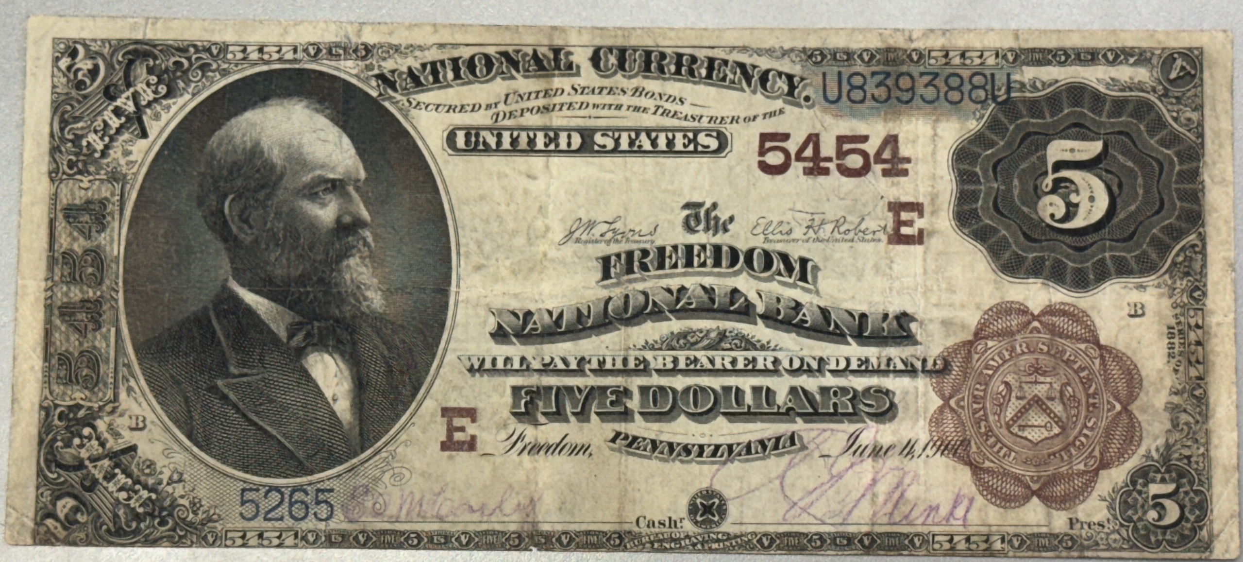 Large National Currency 1882 $5 BROWN BACK FREEDOM NATIONAL BANK OF FREEDOM, PA CH #5454, VF, COOL NAME Large National Currency 1882 $5 BROWN BACK FREEDOM NATIONAL BANK OF FREEDOM, PA CH #5454, VF, COOL NAME