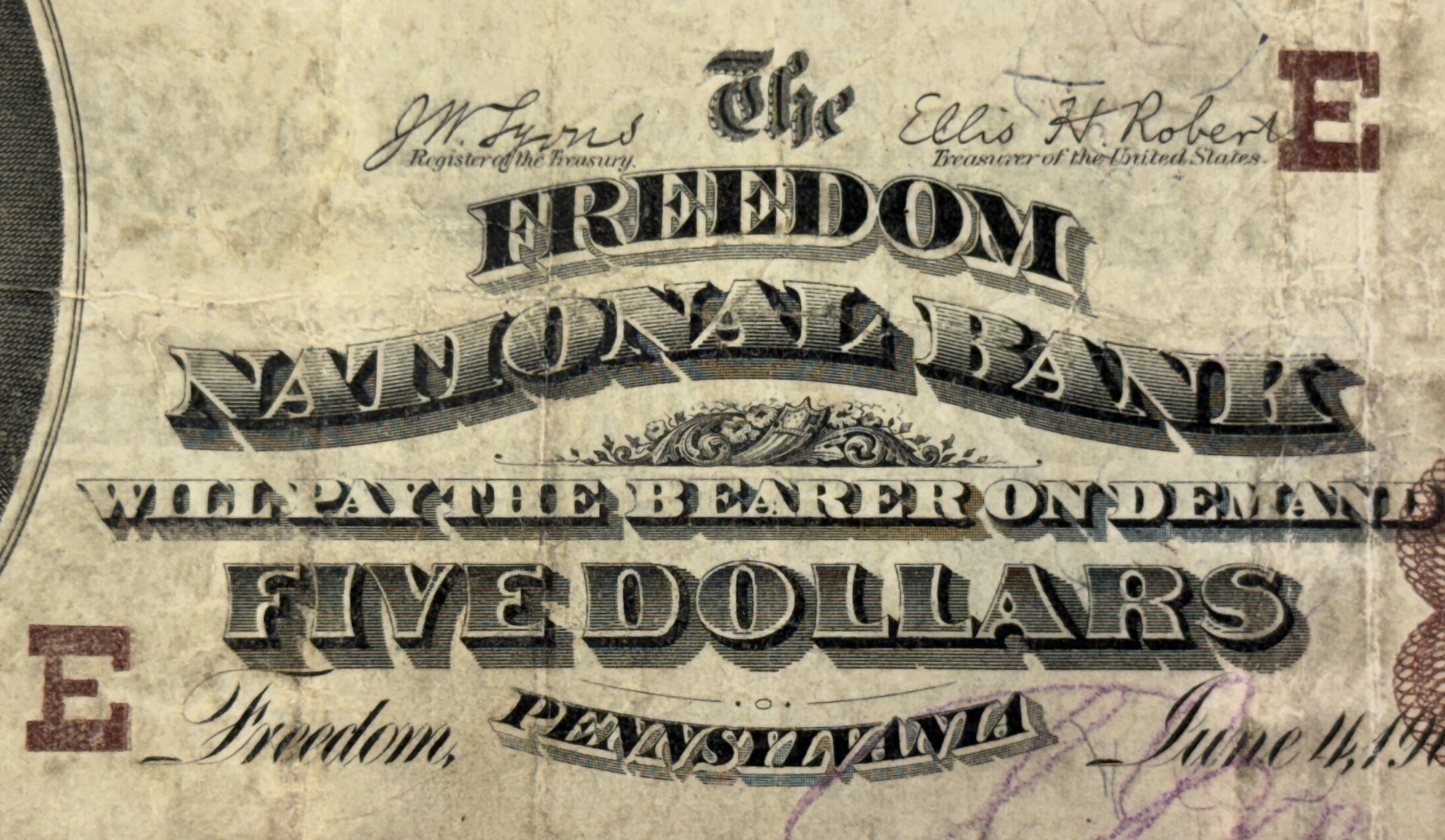 Large National Currency 1882 $5 BROWN BACK FREEDOM NATIONAL BANK OF FREEDOM, PA CH #5454, VF, COOL NAME Large National Currency 1882 $5 BROWN BACK FREEDOM NATIONAL BANK OF FREEDOM, PA CH #5454, VF, COOL NAME