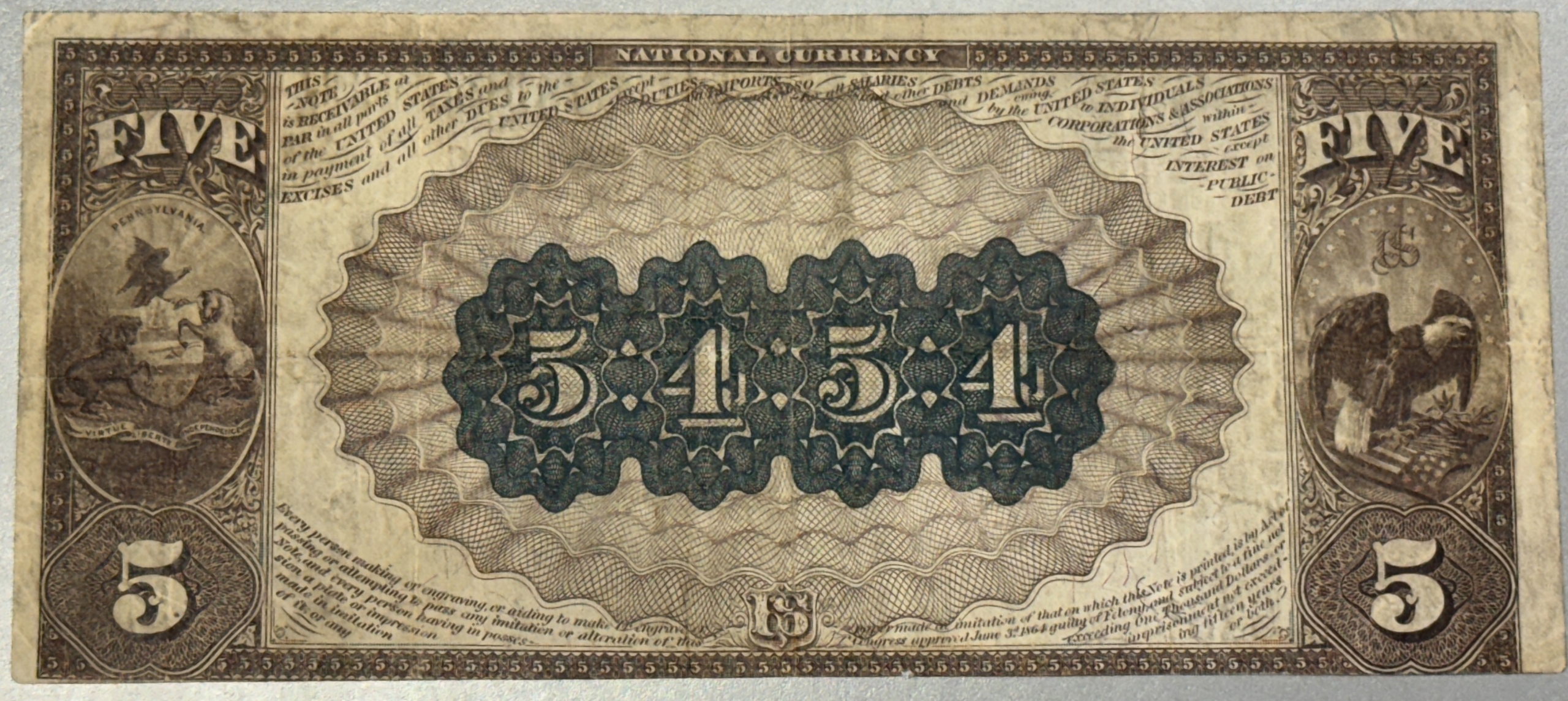 Large National Currency 1882 $5 BROWN BACK FREEDOM NATIONAL BANK OF FREEDOM, PA CH #5454, VF, COOL NAME Large National Currency 1882 $5 BROWN BACK FREEDOM NATIONAL BANK OF FREEDOM, PA CH #5454, VF, COOL NAME