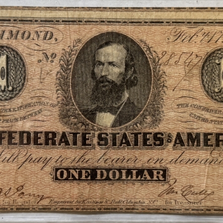 Confederate Notes 1864 $1 CONFEDERATE STATES DOLLAR, 2/17/64, TY 71 – VERY FINE! TOUGHER!